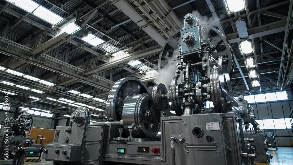 Poster industrial video showcasing a close-up, low-angle view of a large, intricate machine in a factory se