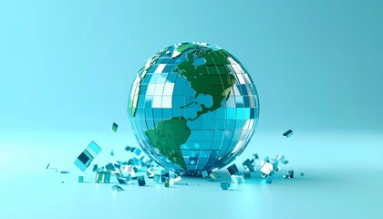 A blue and green translucent pixel globe on a background, with pieces flying around it