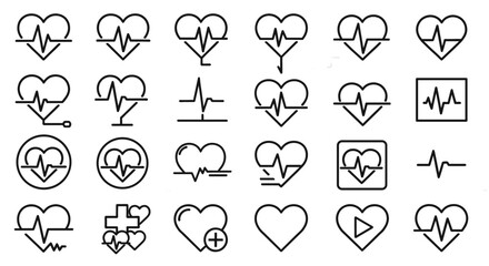 Heart rate line icons set isolated on transparent background. Medical symbols, pulse, heartbeat, health, life