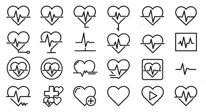 Heart rate line icons set isolated on transparent background. Medical symbols, pulse, heartbeat, health, life