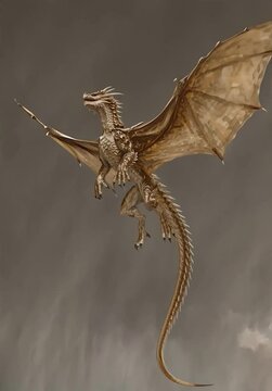 fantasy brown dragon flying into the sky