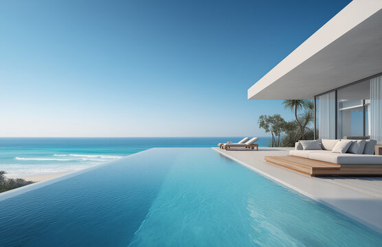 modern house with infinity pool and sea view, white modern architecture on the island in thailand, pooL - Powered by Adobe