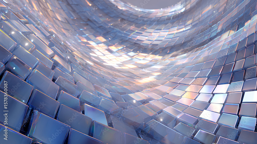 Poster abstract 3d background with glass spiral swirl effect of rows square plates. holographic gradient li