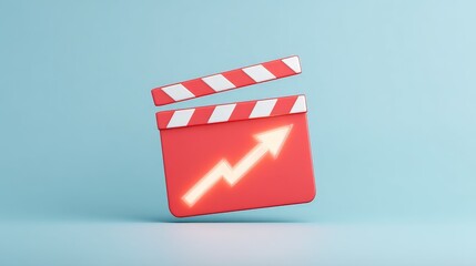 A red clapperboard with a white upward arrow, symbolizing growth or success in the film or video industry, on a light blue background.