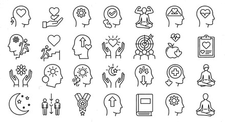 Collection of icons representing mental and emotional wellness. Symbols depicting positivity, growth, mindfulness, and balance