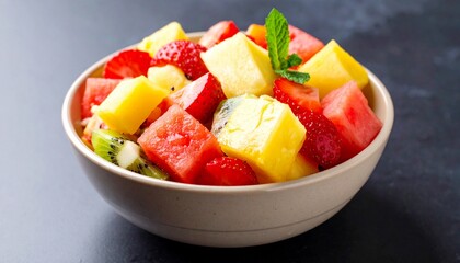Colorful fruit pieces in a bowl, sharply contrasted against a clean, moody dark background for a fresh and modern look