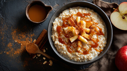 Overhead image of oatmeal porridge topped with apple, cinnamon, and caramel