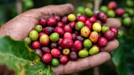 A close-up of a hand holding freshly picked coffee cherries, showcasing vibrant colors and natural textures.