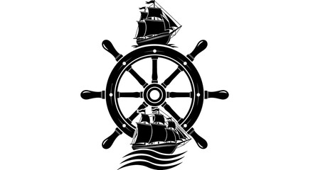 Ship wheel with sailing ships on top and bottom. Nautical theme, maritime, vintage, ocean transport