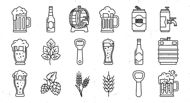 Beer icons showcase various drink types and accessories. Beverage, alcohol, brew, glassware, mug, bottle opener, brewing process.