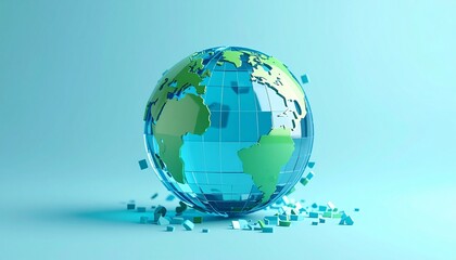 A blue and green translucent pixel globe on a background, with pieces flying around it