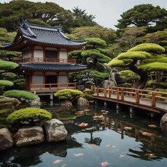 Fototapeta premium A peaceful Japanese temple surrounded by bonsai trees, with a tranquil koi pond and wooden bridges.