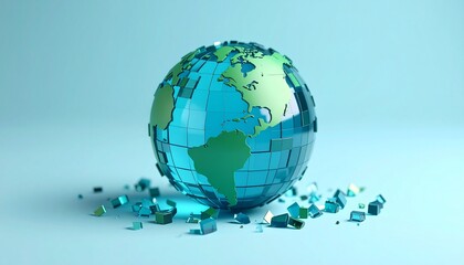 A blue and green translucent pixel globe on a background, with pieces flying around it