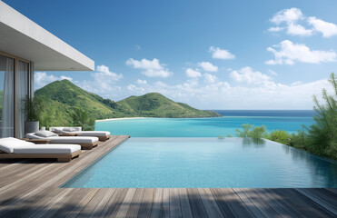 Fototapeta premium Modern house with infinity pool and sea view, white modern architecture on the island in Thailand, beach, 