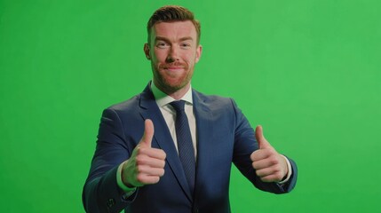A confident businessman giving a thumbs-up gesture on a green screen background, embodying success and positivity.