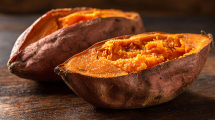 Roasted sweet potato shown halved, displaying its soft, cooked interior