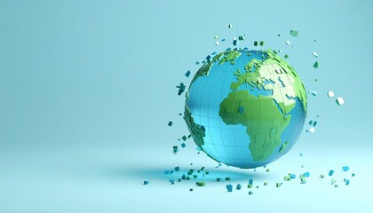 A blue and green translucent pixel globe on a background, with pieces flying around it