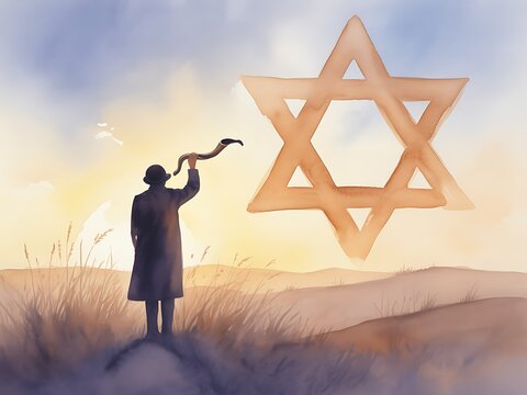 Rosh Hashanah: Man Blowing Shofar Before Star of David Sunrise Yom Kippur