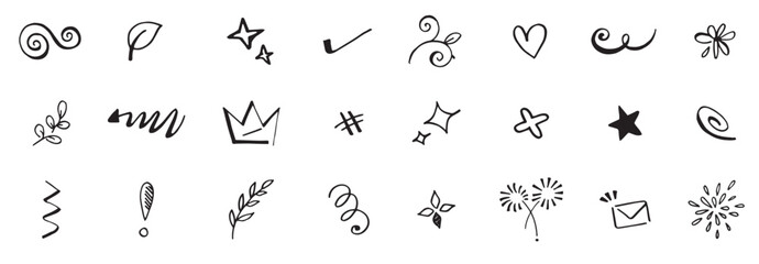 Doodle background. Black hand drawn vector elements., Abstract arrows ribbons crowns hearts explosions. vector illustration