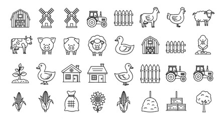 Farm icons show agriculture and animal husbandry elements. Outline illustrations depict rural scenery and livestock raising.