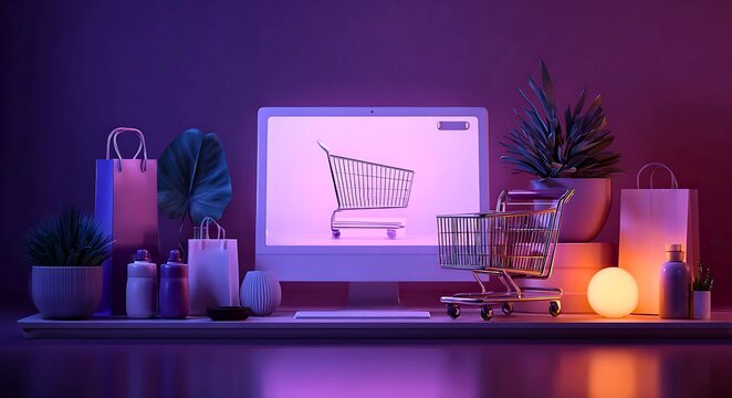 Modern digital shopping experience with a computer displaying a shopping cart and various retail items in a stylish neon purple and pink illuminated setting