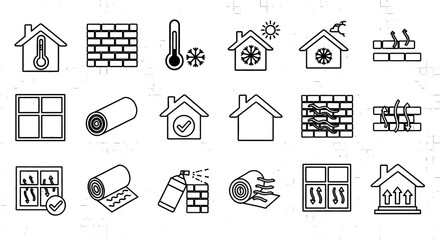 Icons represent home insulation concepts. Home energy, thermal efficiency, heat transfer, building science, HVAC.