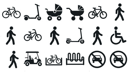 Icons depicting various modes of transport and accessibility. Transportation symbols, walking, bicycling, stroller, scooter, handicap accessible, no car