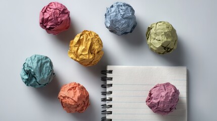 A creative workspace featuring crumpled colorful paper balls and a blank notepad, symbolizing brainstorming and ideas.
