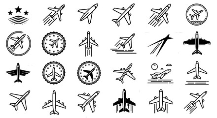 Collection of various airplane icons and symbols in black and white. Aviation industry, transportation, travel, and tourism themes.