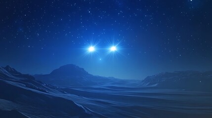 Night sky over mountains with glowing lights displaying a futuristic scene