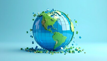 Naklejka premium A blue and green translucent pixel globe on a background, with pieces flying around it