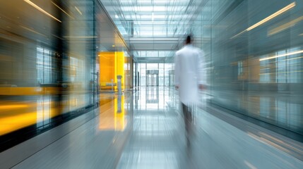 A doctor in a modern hospital corridor, showcasing a clean and clinical environment with dynamic movement.