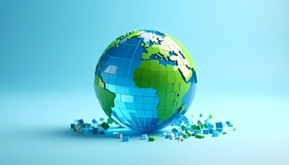 A blue and green translucent pixel globe on a background, with pieces flying around it