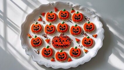 Discover a vibrant collection of Halloween-themed pumpkin cookies with spooky faces perfect for seasonal parties, beautifully arranged on a white plate with festive sprinkles, ideal for baking and hol