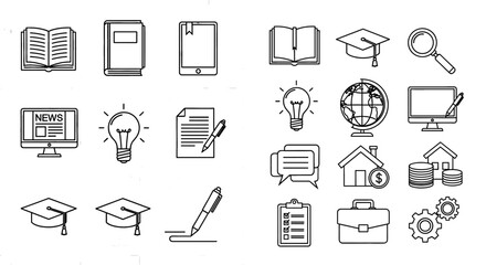 Icons show education and business elements. Symbols depict learning, creativity, communication and finance.