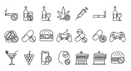 Icons show various addictions and bad habits. Negative habits, unhealthy lifestyle, addictive behaviors, dependencies, unhealthy habits, addiction treatment.