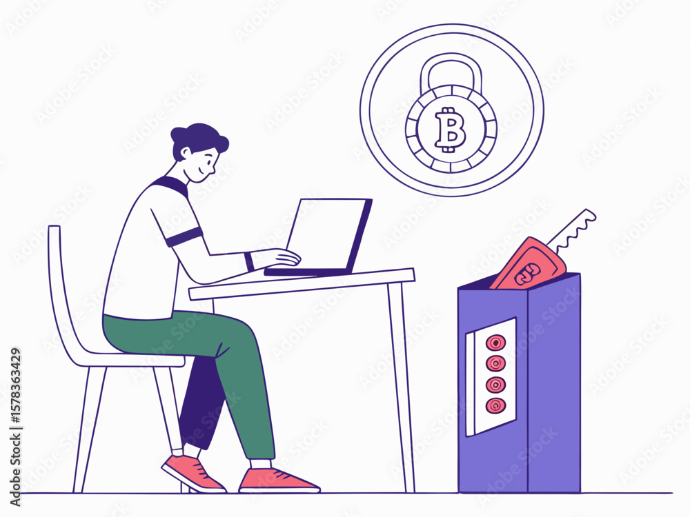 Poster person using laptop with bitcoin security symbol and key in a bin isolated on white background