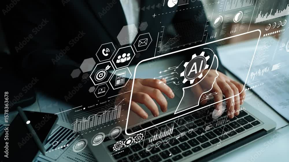 Poster futuristic digital interface display with ai icon and business data analytics on laptop keyboard. as