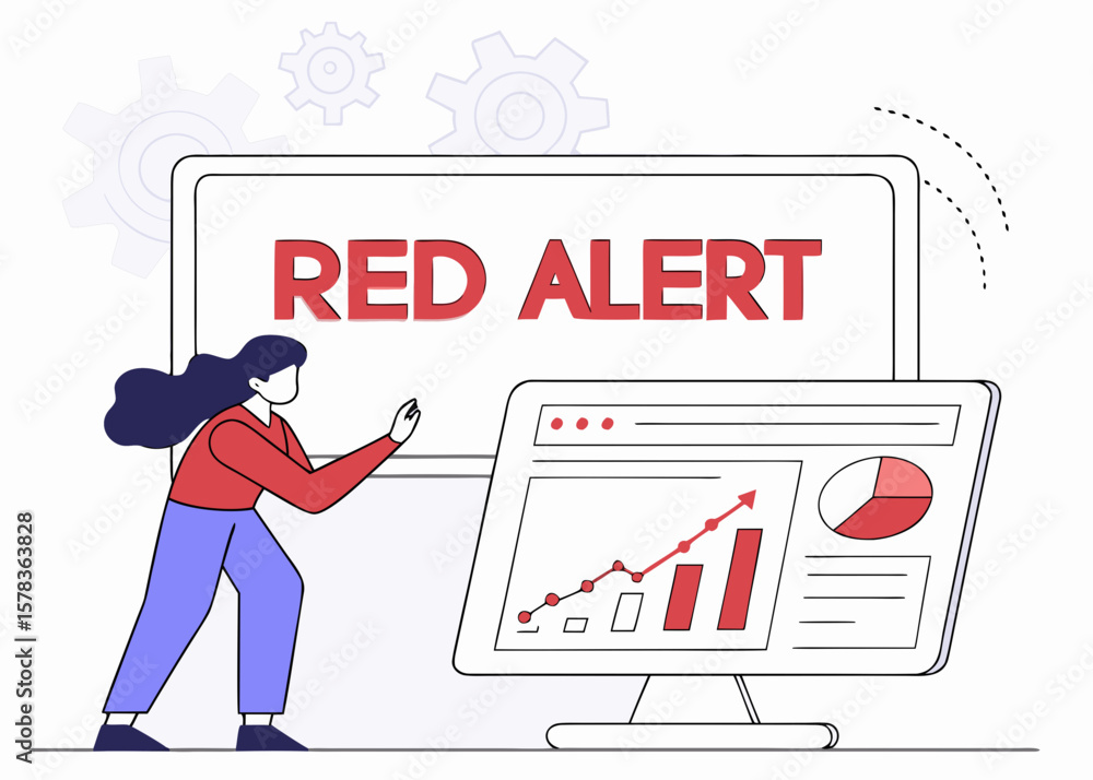 Aufkleber person reacting to a red alert warning on a computer screen with charts isolated on white background