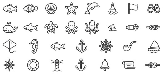 Line Icons of Marine Life & Nautical Elements &ndash; Unique Ocean-Themed Vector Set Featuring Sea Creatures, Boats, Anchors, and Maritime Symbols