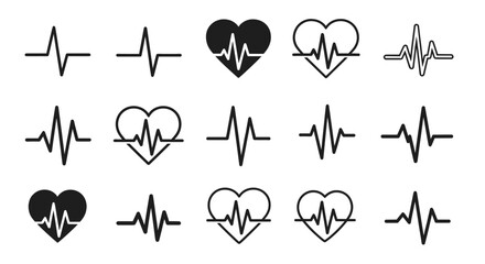 Heartbeat line variations are displayed, showing different rhythms. Health monitoring, cardiac, medical, pulse, heartbeat, waveform, symbol
