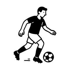 Vector illustration of a football player dribbling a ball. Simple black and white line art icon depicting a male soccer player in motion. Perfect for sport, competition, team games, and athletic 