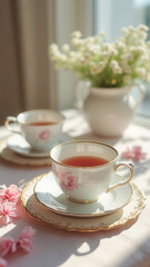 Beautiful afternoon teatime by the summer window with copy space