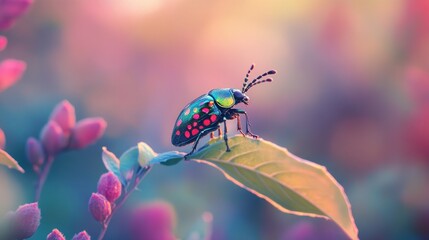 Vibrant insect on a leaf bathed in pastel light