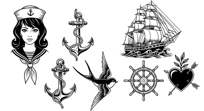 Nautical illustrations depicting maritime themes. Old school tattoo art, vintage marine symbols, sailor elements, sea tradition, nautical design