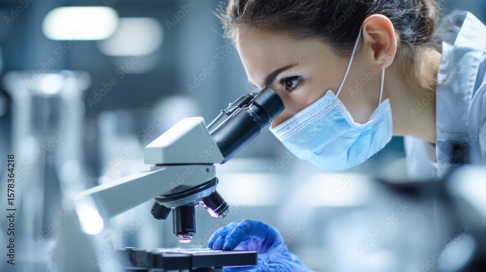 Poster a focused researcher examines specimens under a microscope in a modern laboratory setting. insightfu