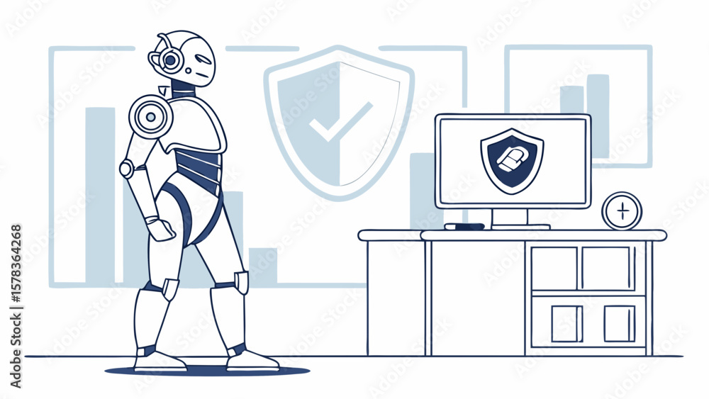 Poster robot guarding digital security and data protection with shield icon isolated on white background