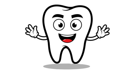 Obraz premium Smiling cartoon tooth character happily welcomes with open arms. Dental hygiene, oral health, health care, dentistry, children's health.