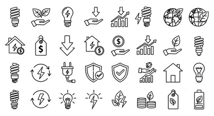 Energy saving icons outline vector set. Eco-friendly symbols, renewable energy, conservation.