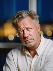 Fototapeta premium Mature man with tousled gray hair and blue eyes, wearing light colored shirt, gazes thoughtfully camera, exuding sense of calm and introspection